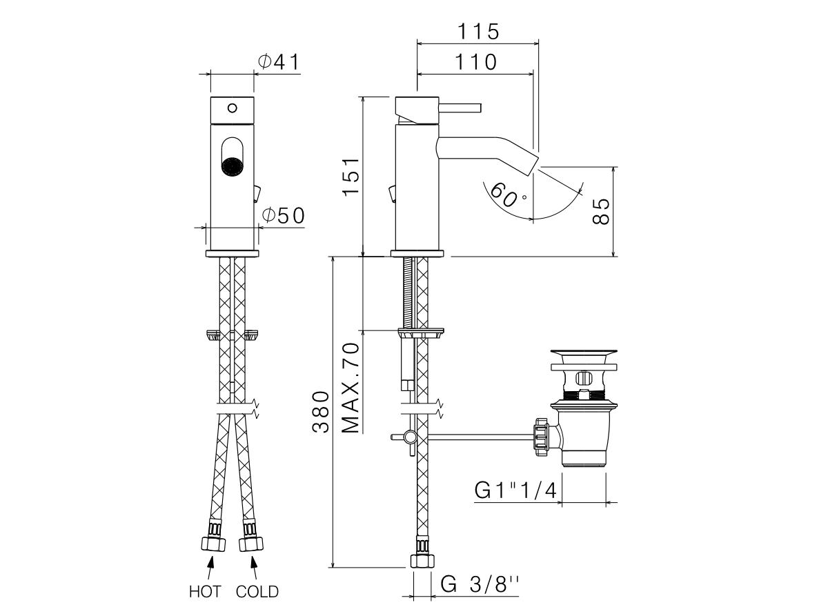 Vema Tiber Steel bateria bidetowa Inox stal nierdzewna V1707 schemat
