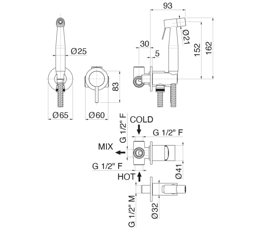 Vema Tiber Steel bateria bidetowa Inox stal nierdzewna V1707 schemat