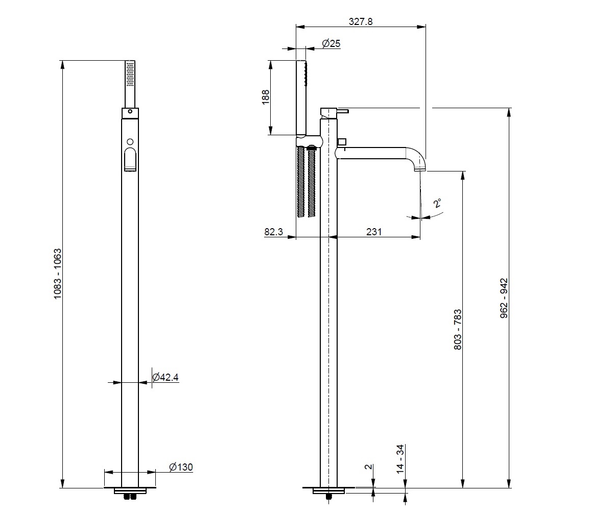 Vema Tiber Steel bateria wannowa stojąca kpl. Inox stal nierdzewna V17195 schemat