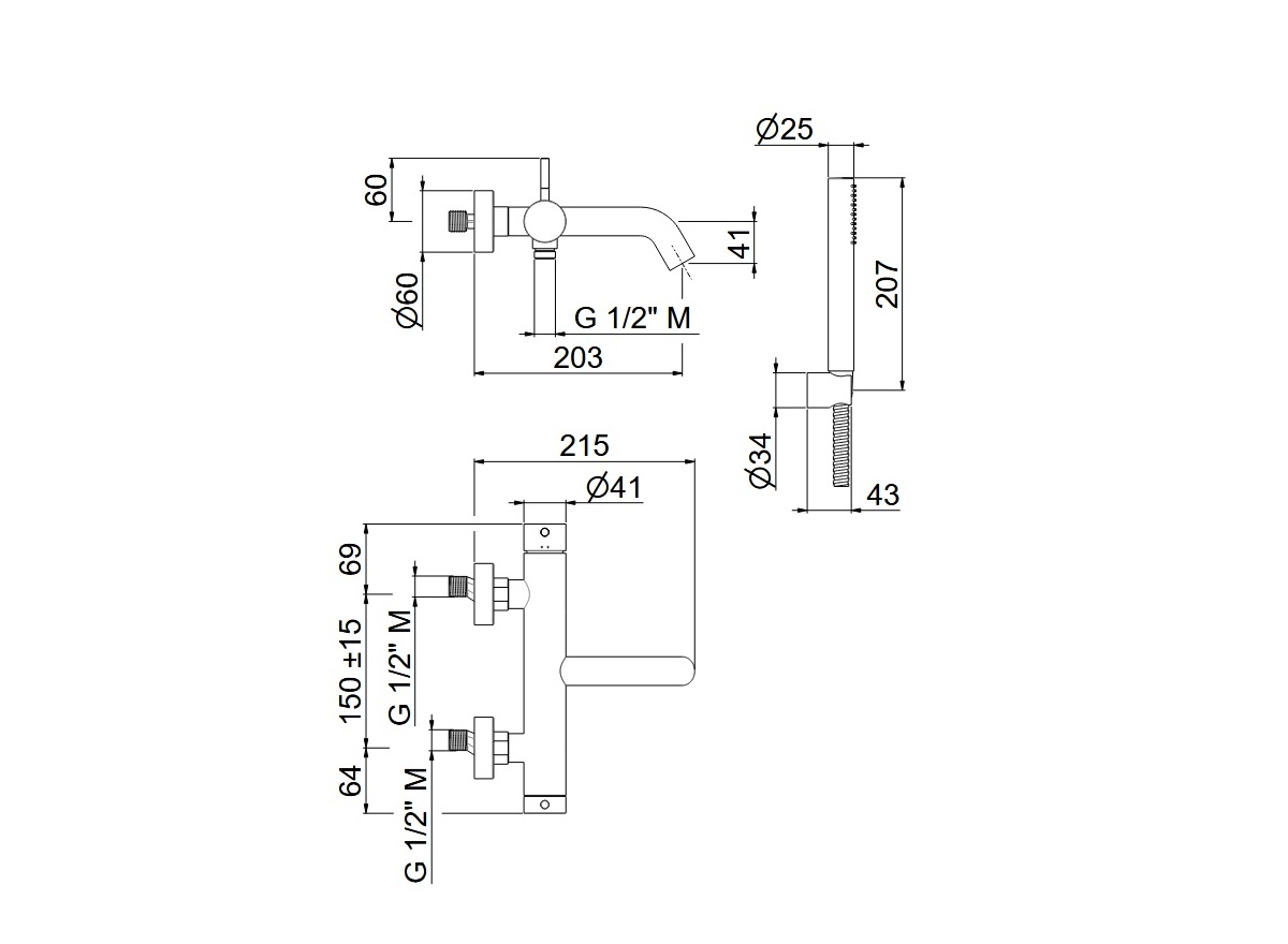 Vema Tiber Steel bateria wannowa ścienna kpl. Inox stal nierdzewna V17086 schemat