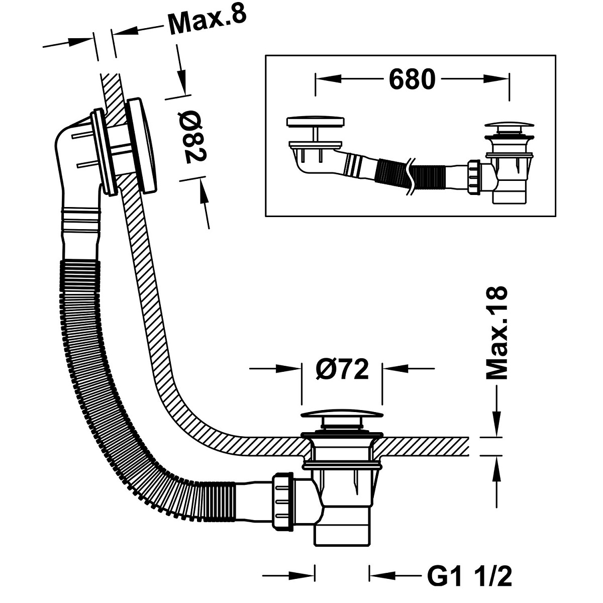 Tres zawór spustowy klik-klak do wanny z przelewem Chrom Połysk 13453420 schemat