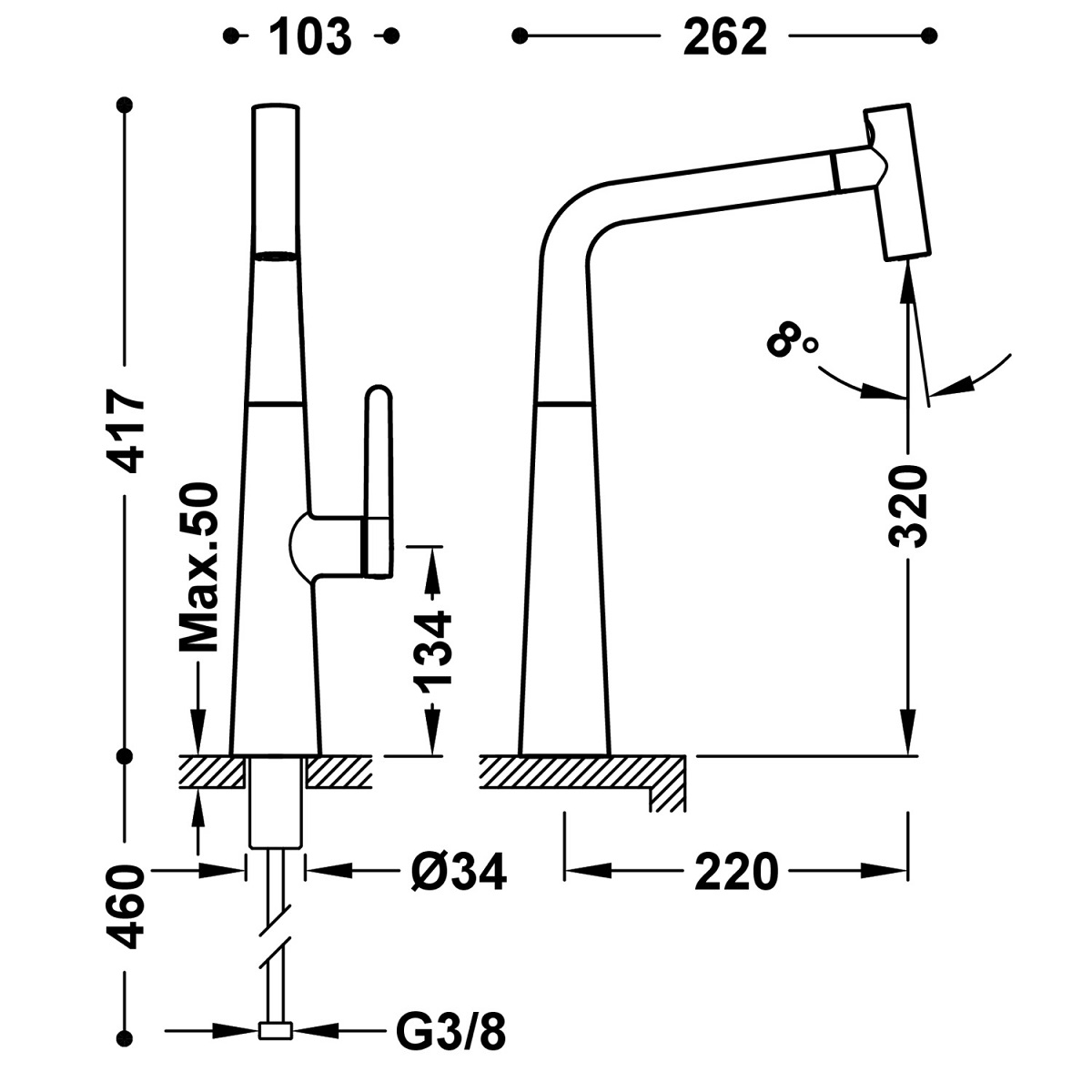 Tres bateria Kuchenna z wyjmowaną wylewką i 2 strumieniami wody 23043801 Chrom Połysk rysunek