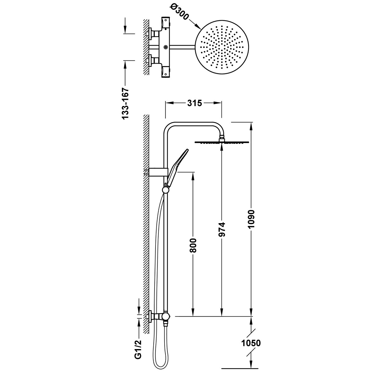 Tres OVER-WALL zestaw baterii termostatycznej naściennej  prysznicowej z deszczownicą okrągłą  30 cm Cava złoty 19039314CA  rysunek