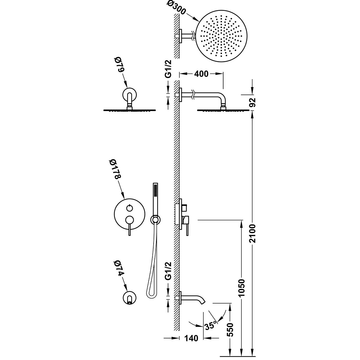 Tres Study Exclusive Zestaw wannowo-natryskowy z baterią podtynkową 3 drożną Rapid-Box Czarny Mat 26237302NM  rysunek