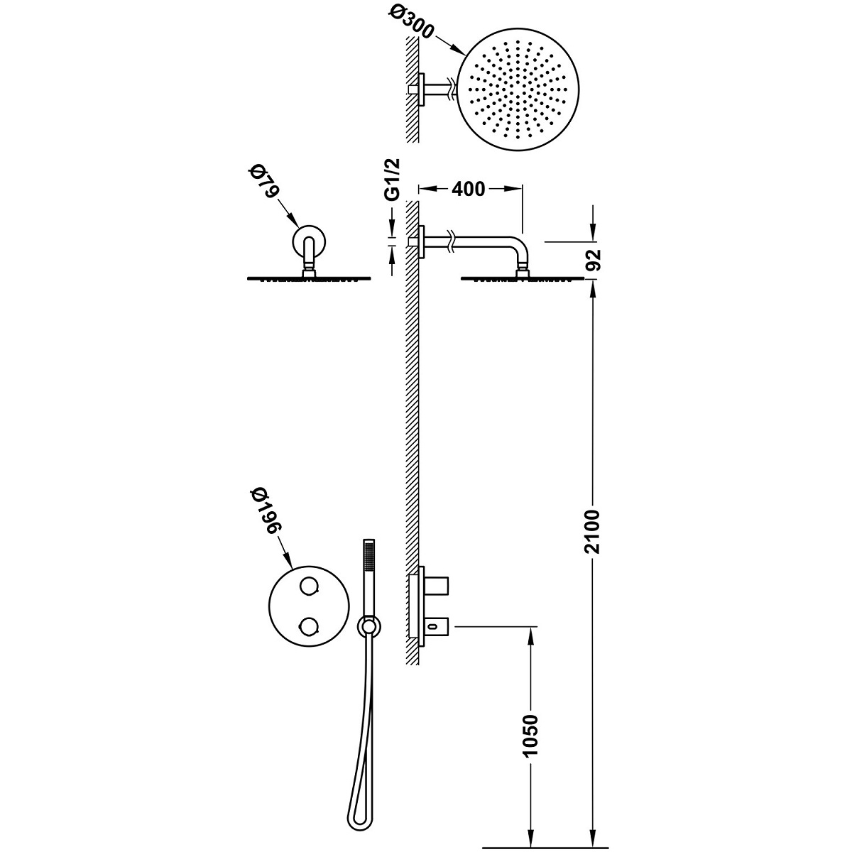 Tres zestaw natryskowy z baterią termostatyczną podtynkową Therm-Box 26225004 chrom połysk deszczownica okrągła 30 cm  rysunek