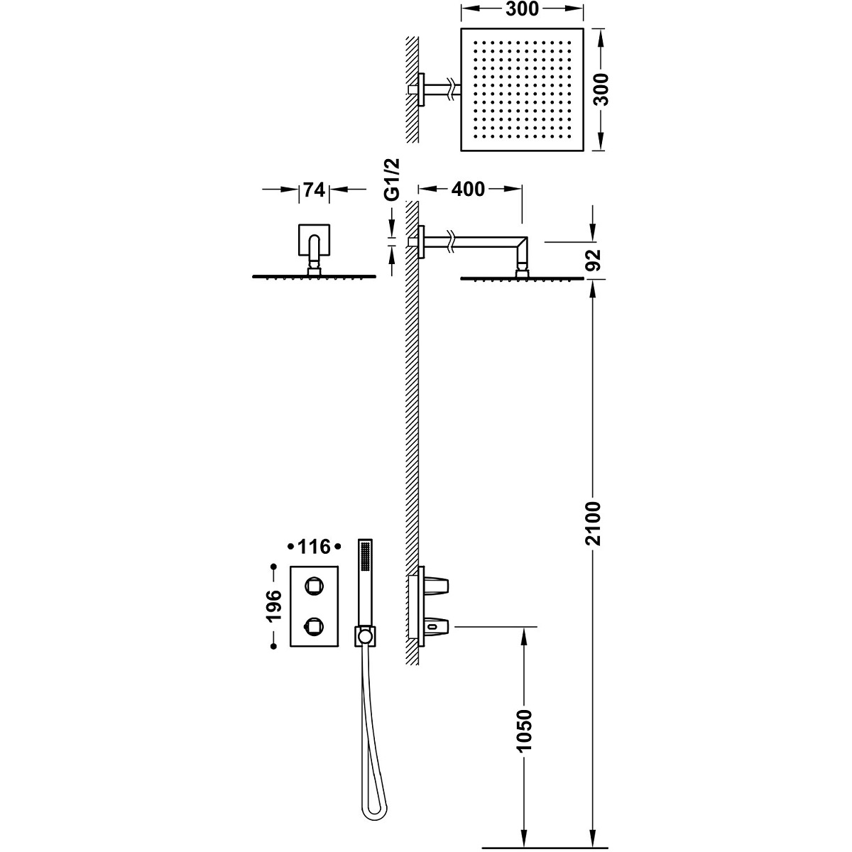 Tres zestaw natryskowy z baterią termostatyczną podtynkową Therm-Box 21125004 chrom połysk deszczownica kwadratowa 30  cm   rysunek